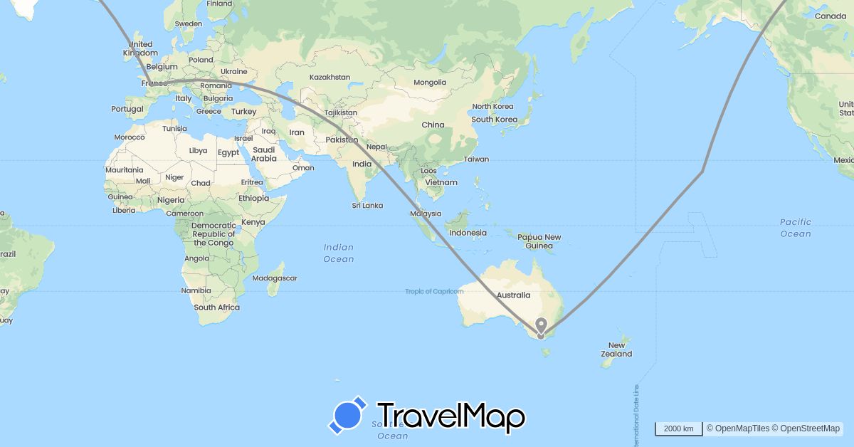 TravelMap itinerary: driving, plane in Afghanistan, Australia, France, United States (Asia, Europe, North America, Oceania)